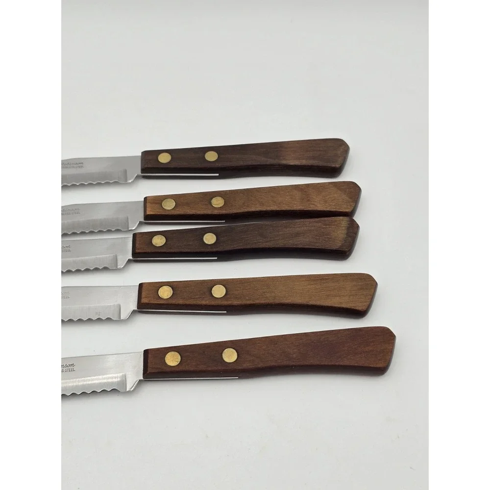 VTG Robinson Serrated Steak Knives Stainless Steel USA Wood Handles Set 5 Holder